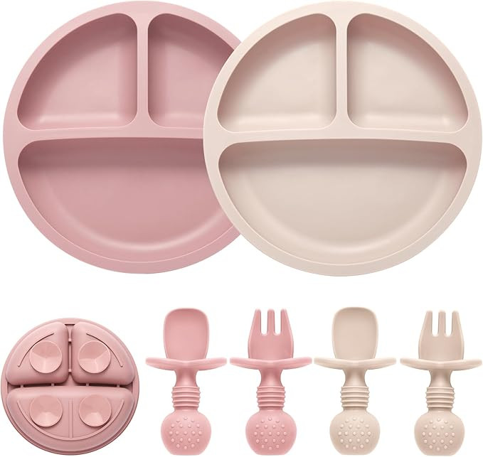 Silicone Feeding Set, 2 Pack Divided Toddler Plates with Suction, 2 Pack Utensils - Spoons & Fork... | Amazon (US)