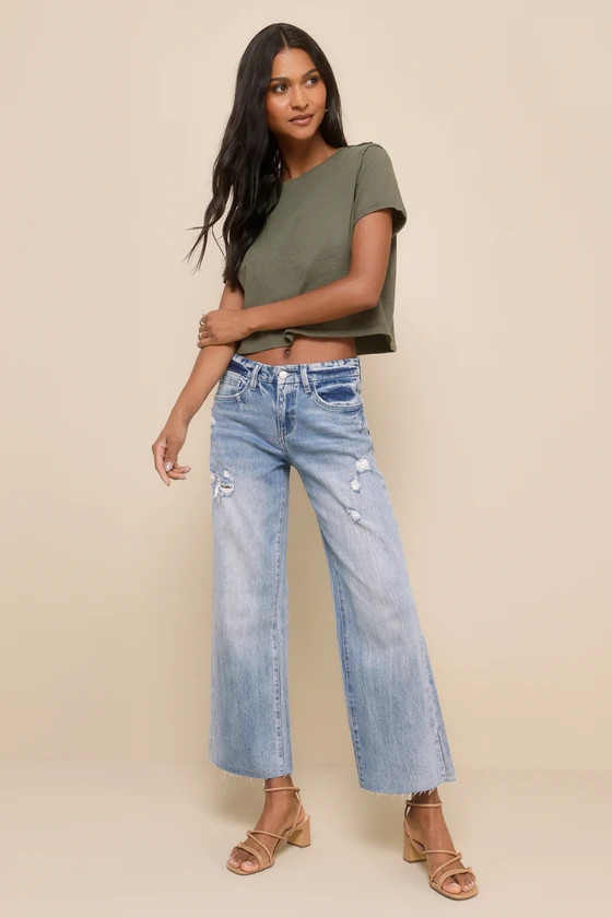 Olivia Light Wash Distressed Mid-Rise Cropped Denim Jeans | Lulus