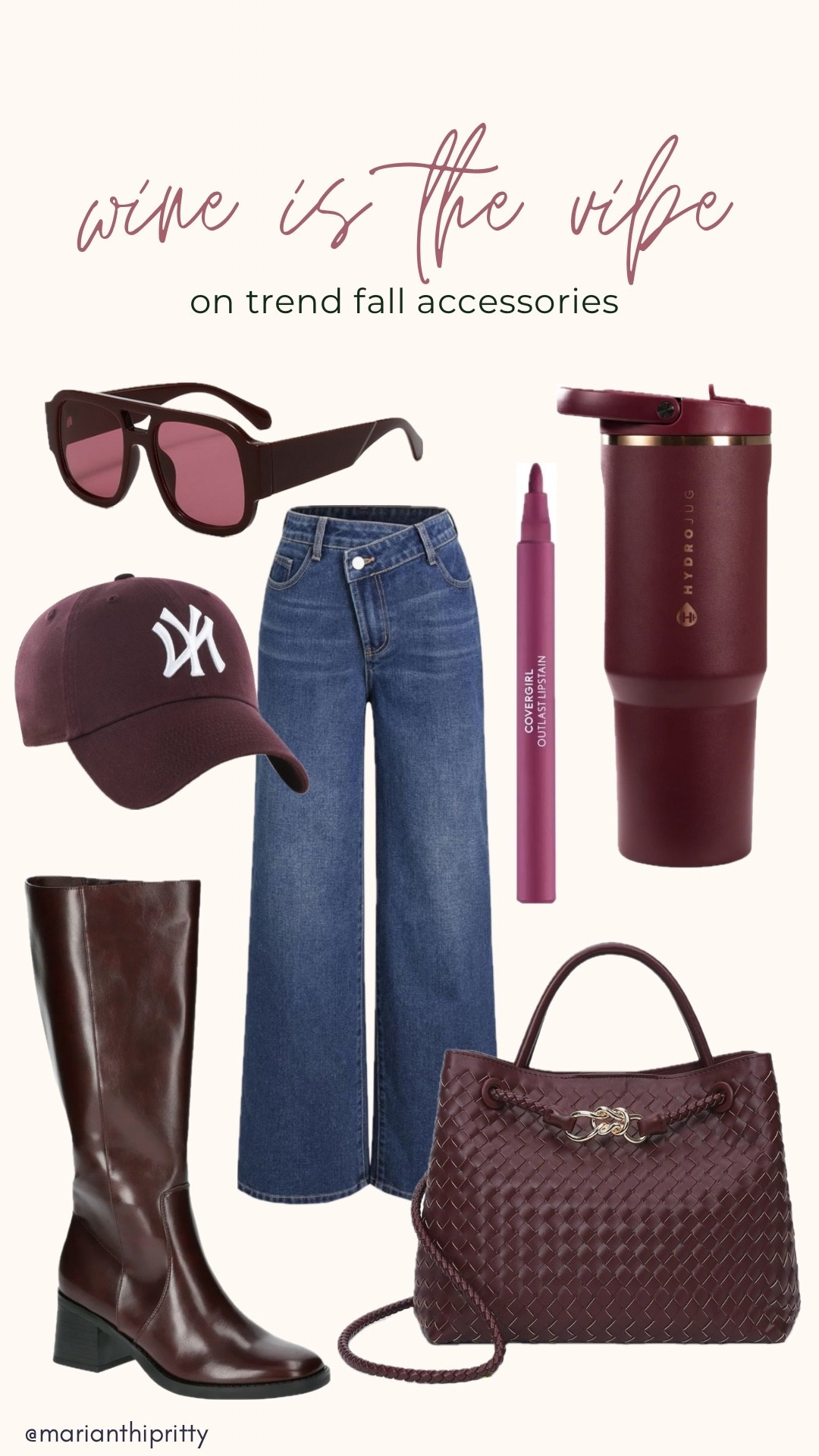 On Trend Fall Accessories in beautiful Wine and Burgundy colors. 

Hydrojug. Lip Stain. Fall Sunglasses. Fall Boots. trendy jeans. Fall Purse 

#LTKSeasonal #LTKFindsUnder50 #LTKStyleTip