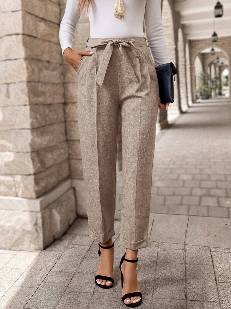 EMERY ROSE Women Front Tie-Up Pocket Minimalist Suit Pants, Casual Daily Wear | SHEIN