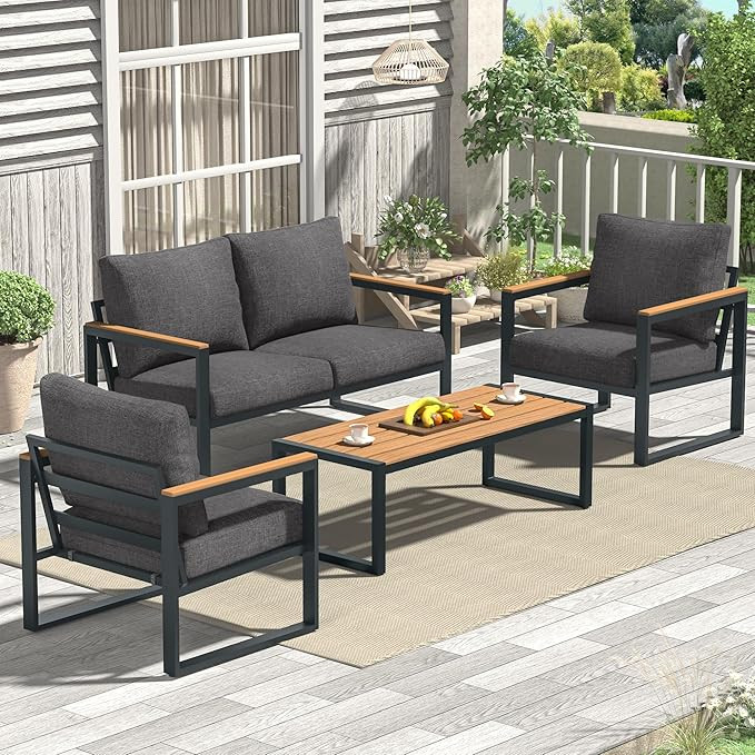 Patio Furniture Set, 4 Pieces Outdoor Patio Furniture with Coffee Table Set, Metal Patio Conversa... | Amazon (US)