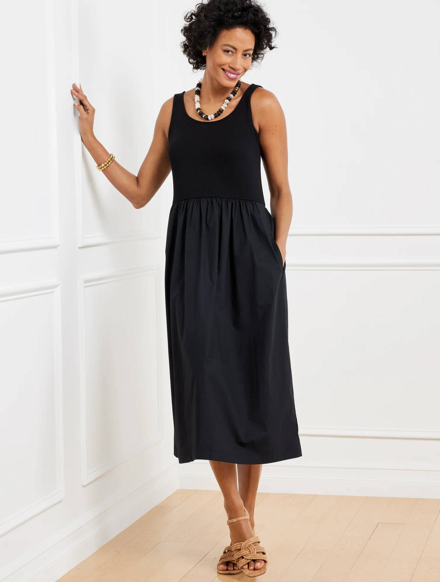 Sleeveless Mixed Media Midi Dress - Black - Medium Talbots | Talbots