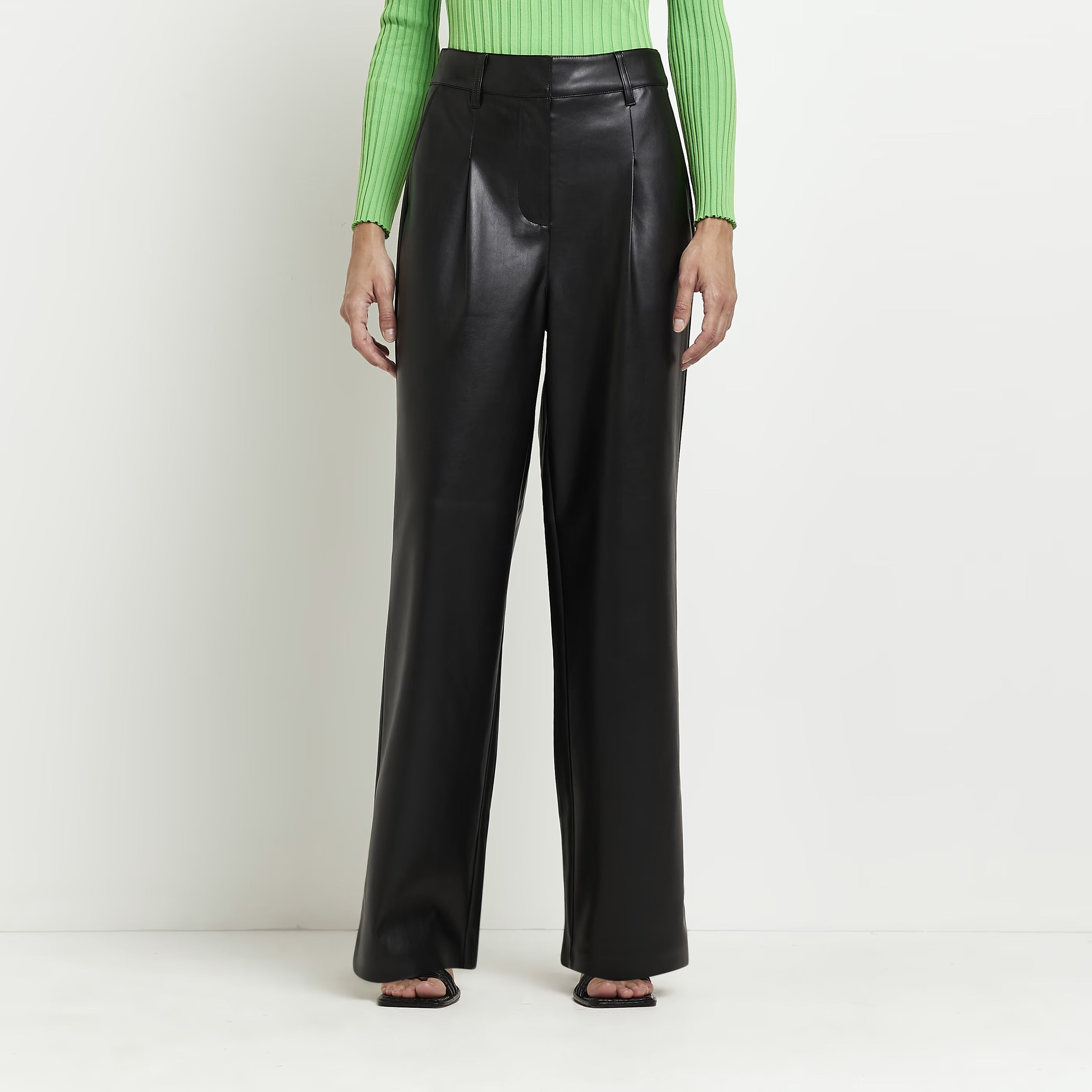 River Island Womens Black Faux Leather Wide Leg Trousers | River Island (UK & IE)