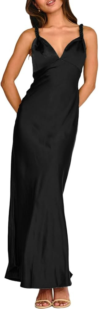 Summer Satin Braided Spaghetti Strap V Neck Maxi Dress for Women Elegant Silk Sleeveless Backless... | Amazon (US)