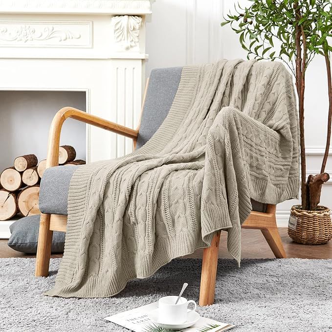 JINCHAN Throw Blanket Taupe Lightweight Cable Knit Sweater Style Year Round Indoor Outdoor Travel... | Amazon (US)