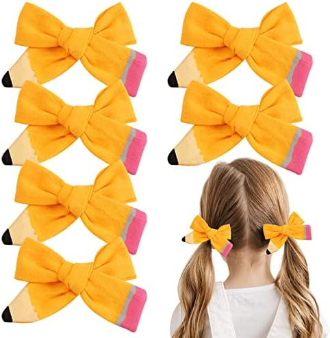Back to School Pencil Hair Bows and Clips: Hand-Painted Yellow Schoolgirl Pigtail Accessories, Pe... | Amazon (US)