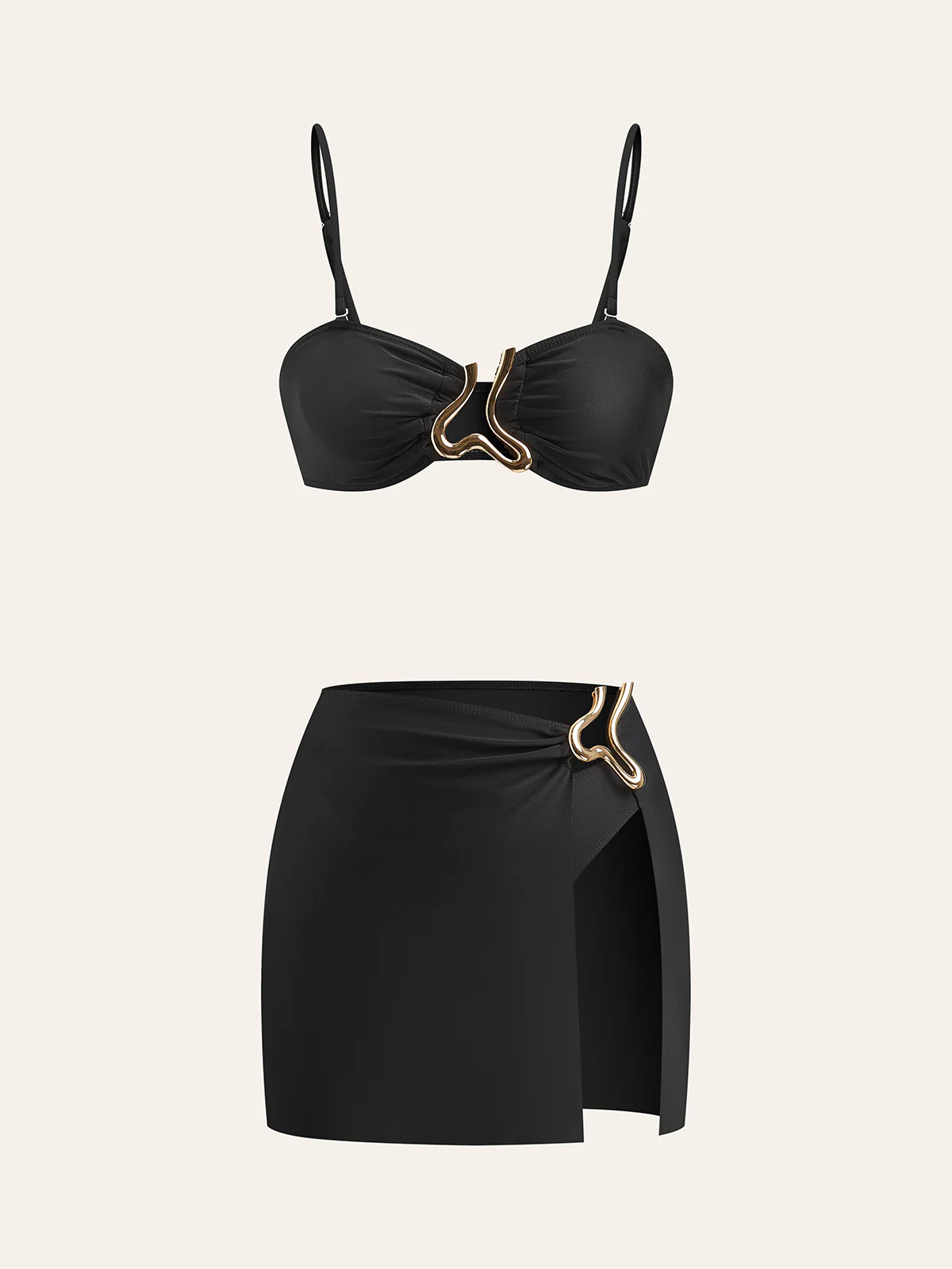 Golden Detail Bikini Set With Cover-Up Skirt | Commense