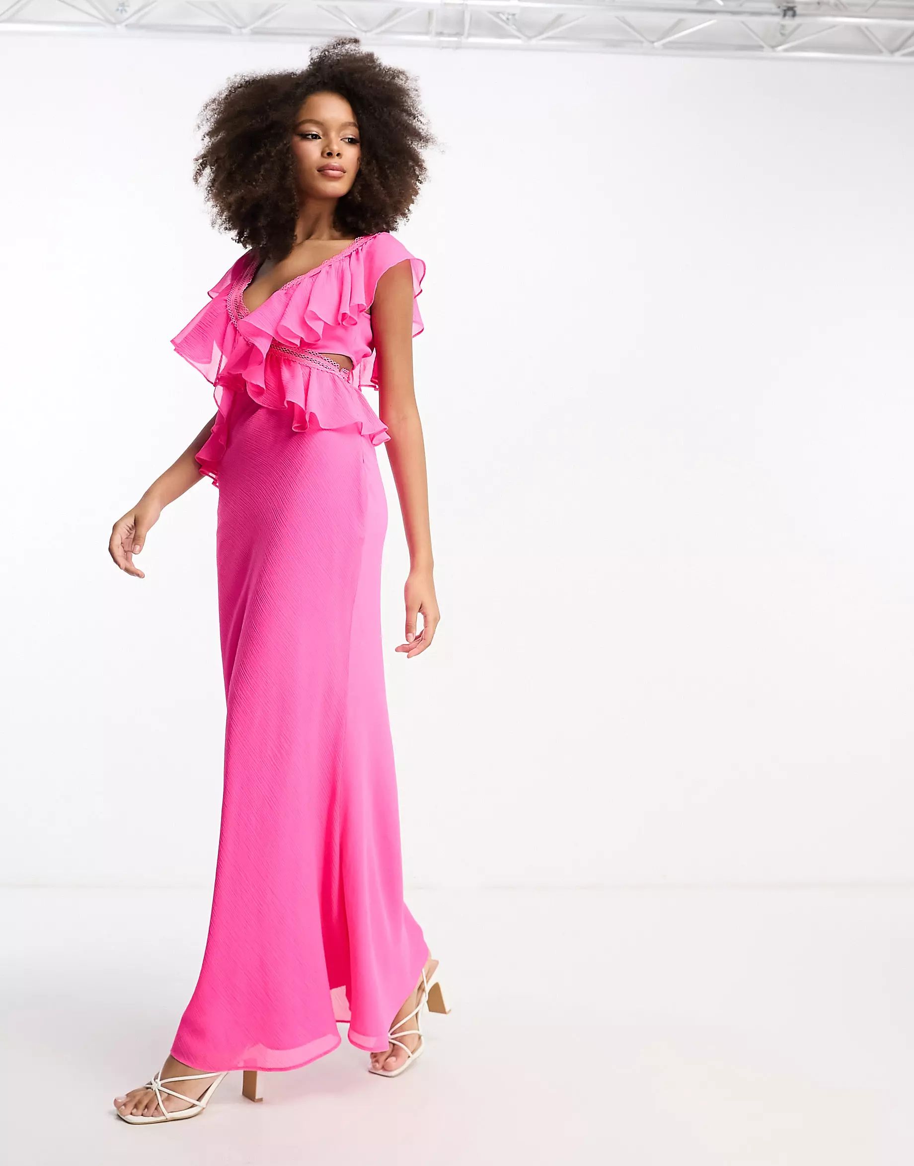 ASOS DESIGN ruffle lace insert tiered cut out maxi dress in hot pink | ASOS (Global)