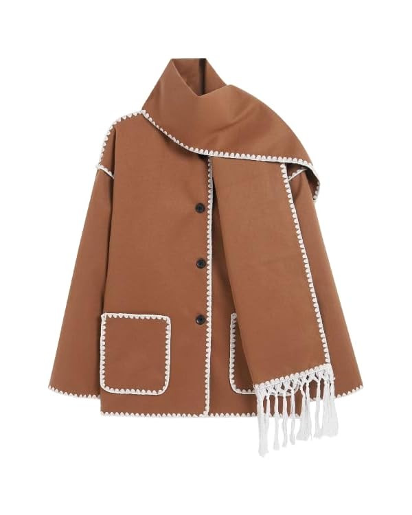 FRQIWLAH Women's tassel scarf wool coat two-piece set loose button open top wool coat jacket | Amazon (US)