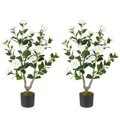 2 Pcs 36" Artificial Camellia Tree Fake Potted Tree Greenery Floral Plant Modern | Wayfair North America