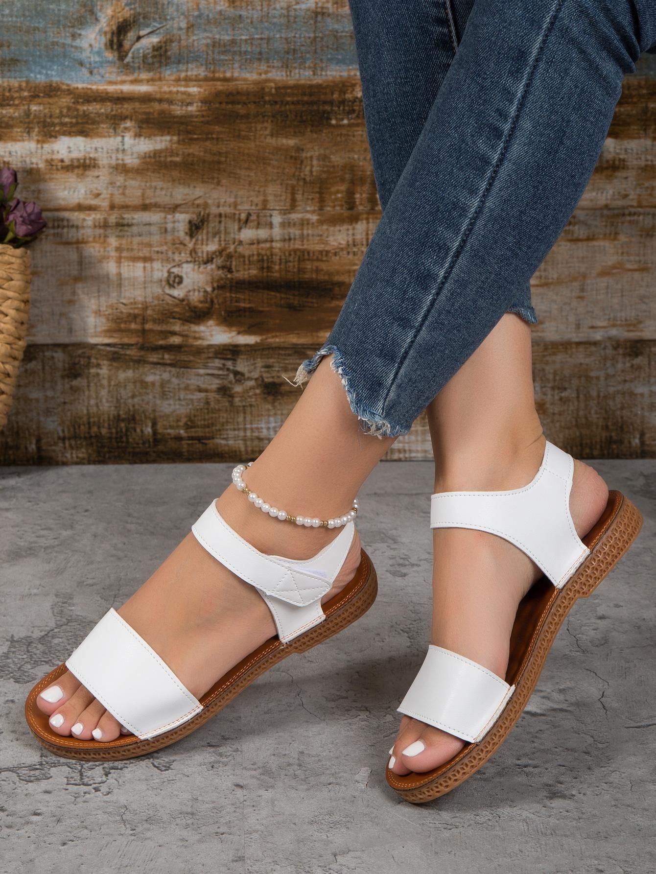 Elegant Ankle Strap Sandals For Women, Stitch Detail Flat Sandals | SHEIN