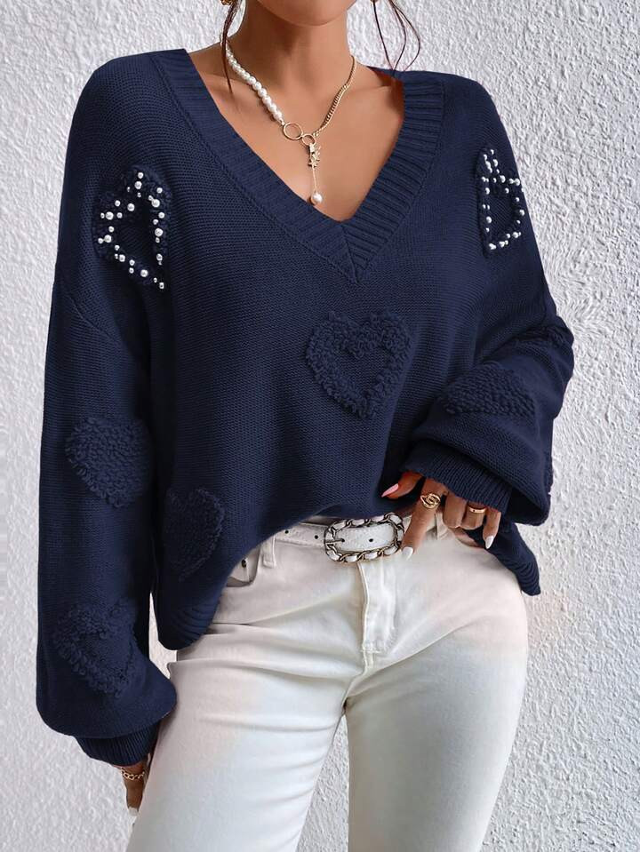 SHEIN Essnce Heart Pattern Pearls Beaded Drop Shoulder Sweater | SHEIN