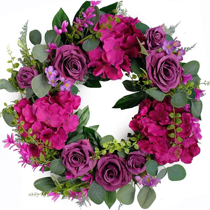 Bibelot Artificial Purple Rose Wreaths 20 inches Front Door Wreath with Hydrangea Green Leaves Ar... | Amazon (US)