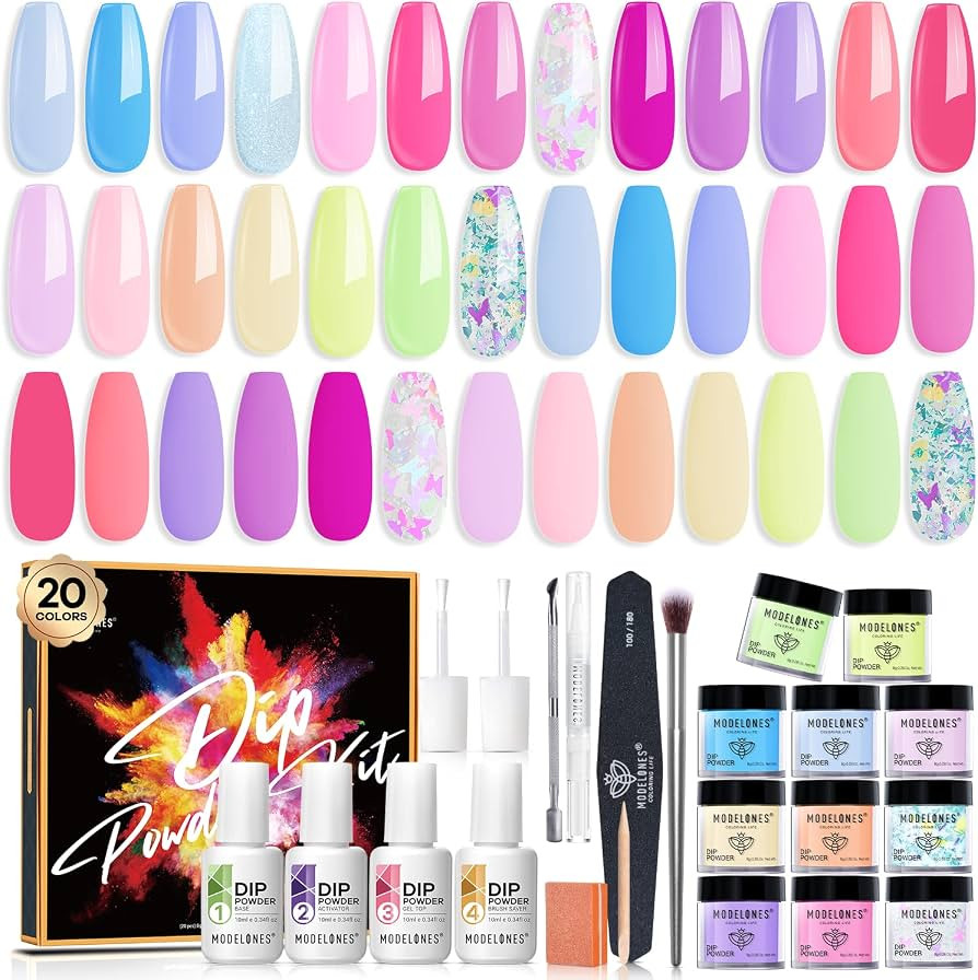 Modelones 32 Pcs Dip Powder Nail Kit Starter, 20 Colors Summer Neon Rainbow Pastel Macaron Pink B... | Amazon (US)