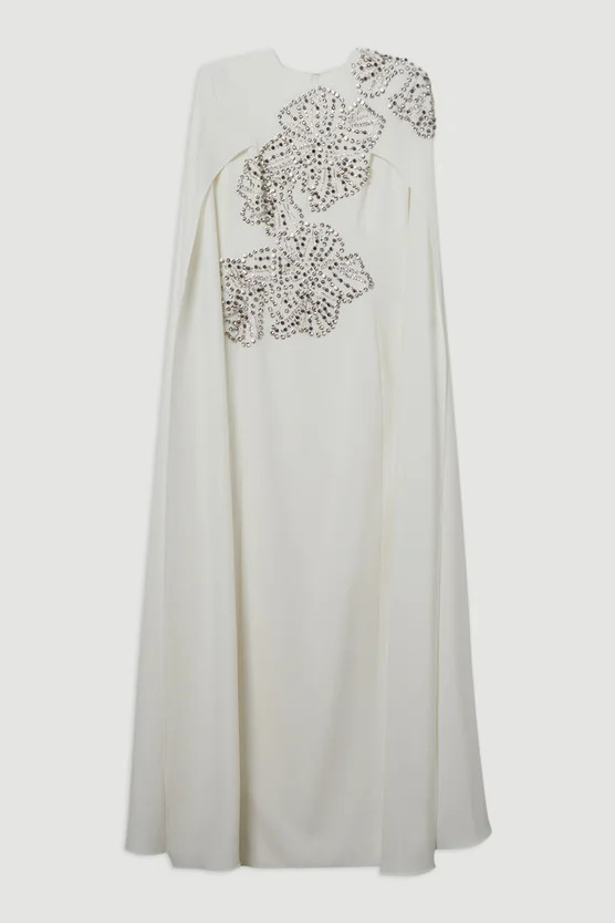 Placed Floral Crystal Embellished Tailored Drama Cape Maxi Dress | Karen Millen US