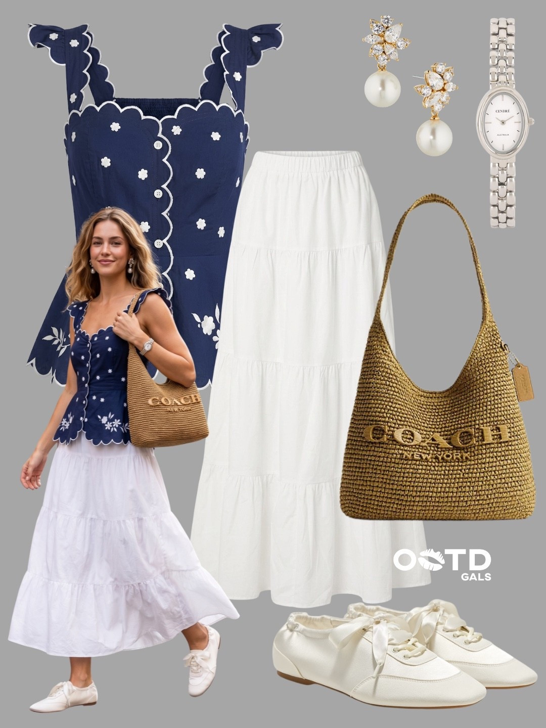 Navy, white, and woven textures make the perfect elegant summer combination 💙🤍

This look feels feminine, coastal-inspired, and effortlessly polished while still staying comfortable for everyday wear.

✨ Style Details:
• Navy embroidered scalloped top with delicate floral details  
• White tiered maxi skirt for a soft flowy silhouette  
• Woven straw shoulder bag adding that chic vacation feel  
• White lace-up ballet flats for a romantic touch  
• Pearl statement earrings and silver watch elevating the outfit beautifully  

The mix of crisp white, deep navy, and natural woven textures creates such a timeless warm-weather outfit ☀️

#SummerStyle #CoastalChic #FeminineFashion

#LTKstyletip