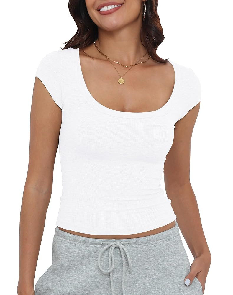 Artfish Women's Short Sleeve T-Shirts Low Scoop Neck Slim Fitted Ribbed Knit Casual Longer Crop T... | Amazon (US)