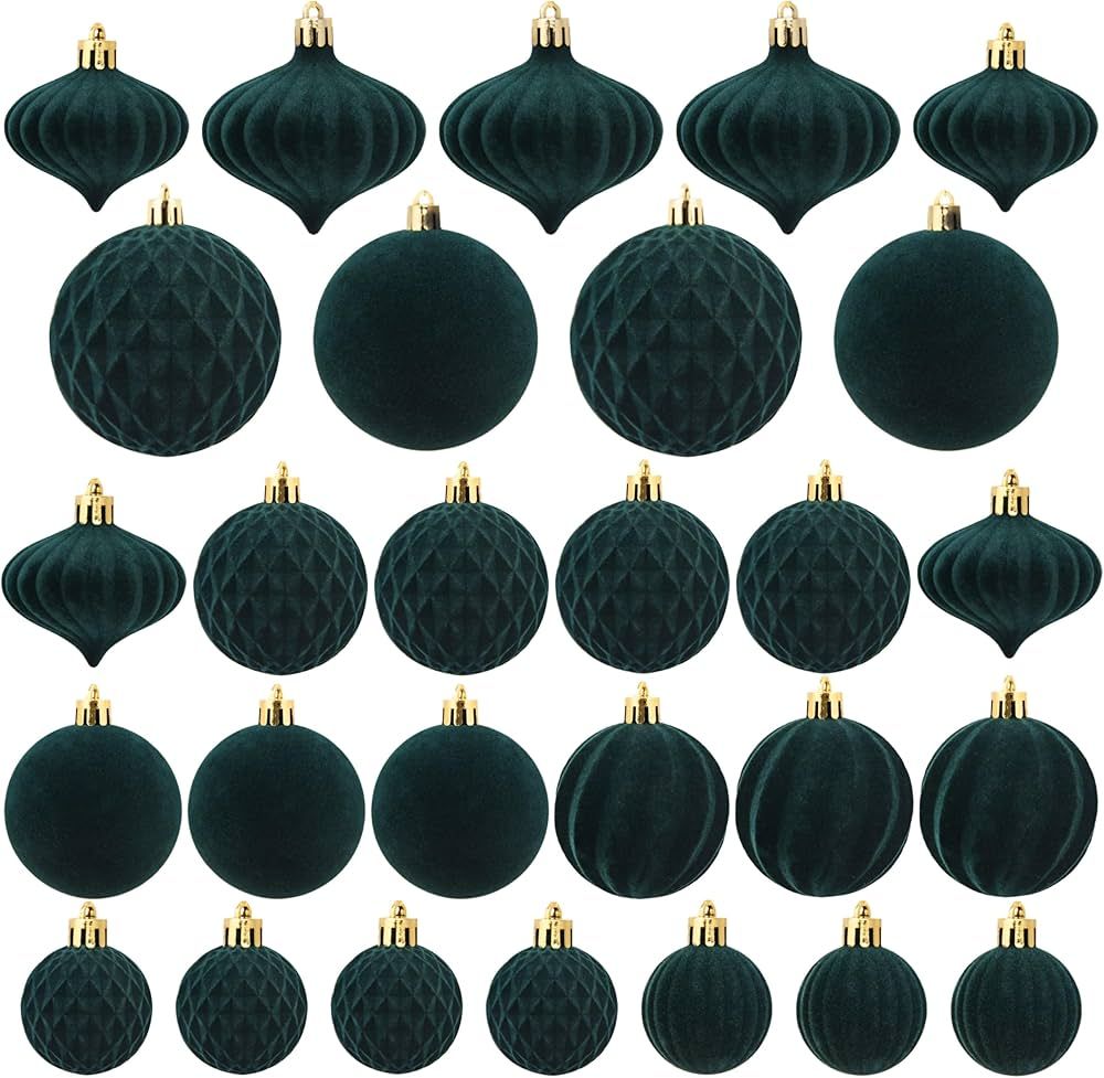 Christmas Tree Ornaments Green Velvet - Pack of 28pcs Flocked Xmas Balls Ornament Decorations Ass... | Amazon (US)