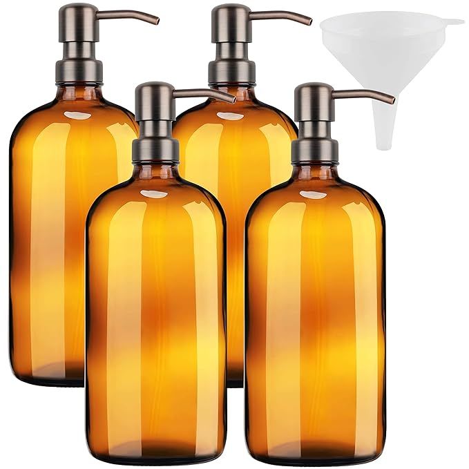 32 Ounce Large Amber Glass Boston Round Bottles with Stainless Steel Pumps and Funnel. Great for ... | Amazon (US)