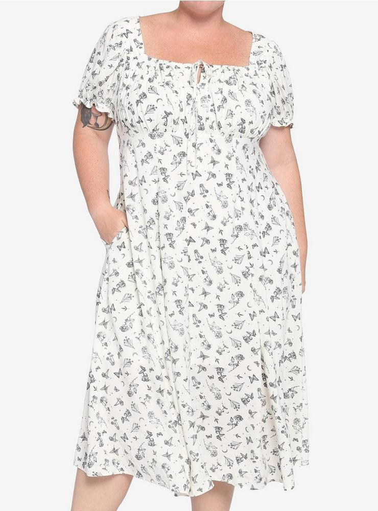 Ivory Floral Mushroom Empire Midi Dress Plus Size | Hot Topic