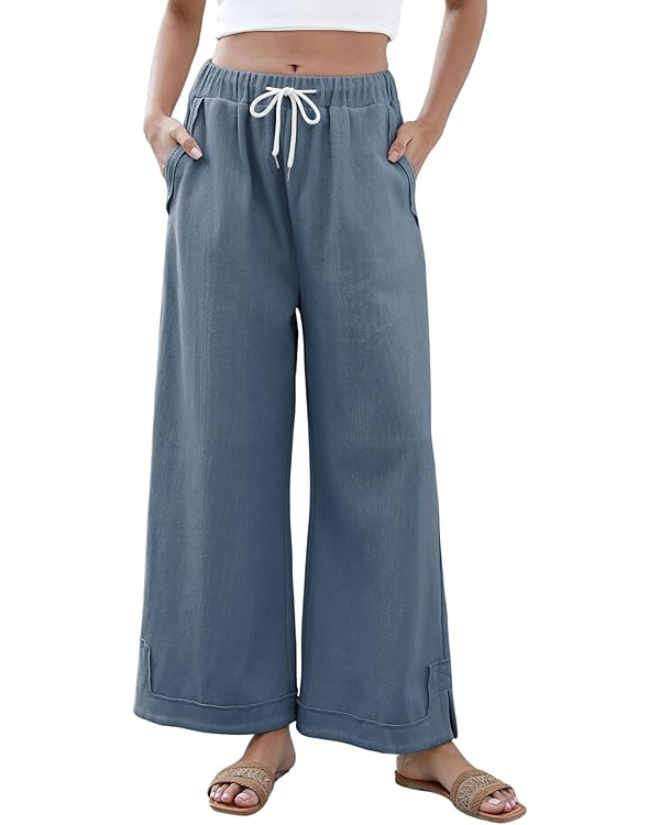 Springrain Womens Baggy Wide Leg Pants Casual Loose Cotton Drawstring Elastic Waisted Palazzo Pan... | Amazon (US)