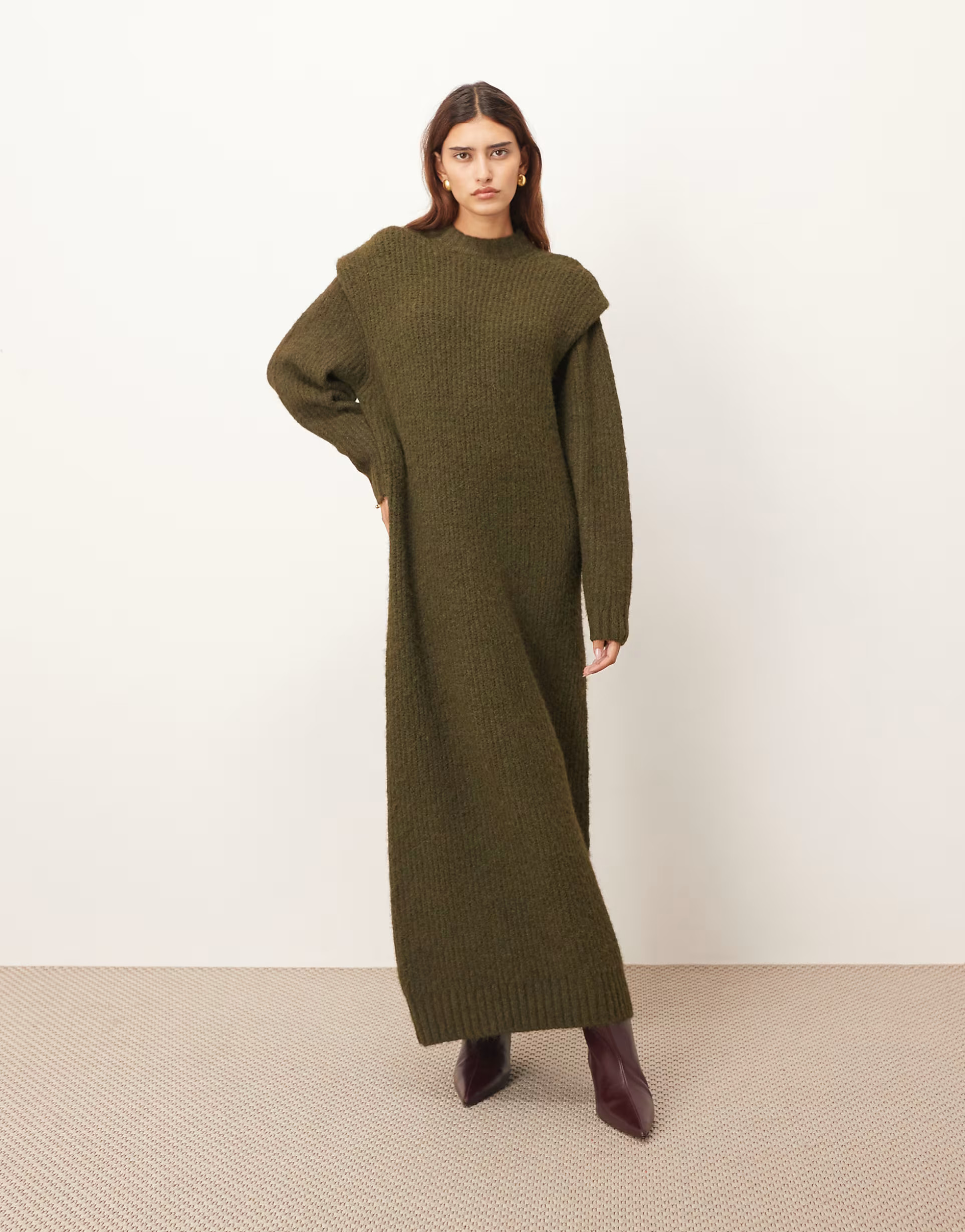 ARRANGE rib knitted shoulder pad midi dress in olive | ASOS | ASOS (Global)