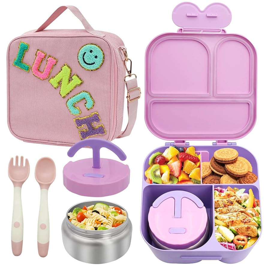 Girls Lunch Box with Bento, Bento Box with 4 Compartment, with Leak Proof Thermo Food Jar, Preppy... | Amazon (US)