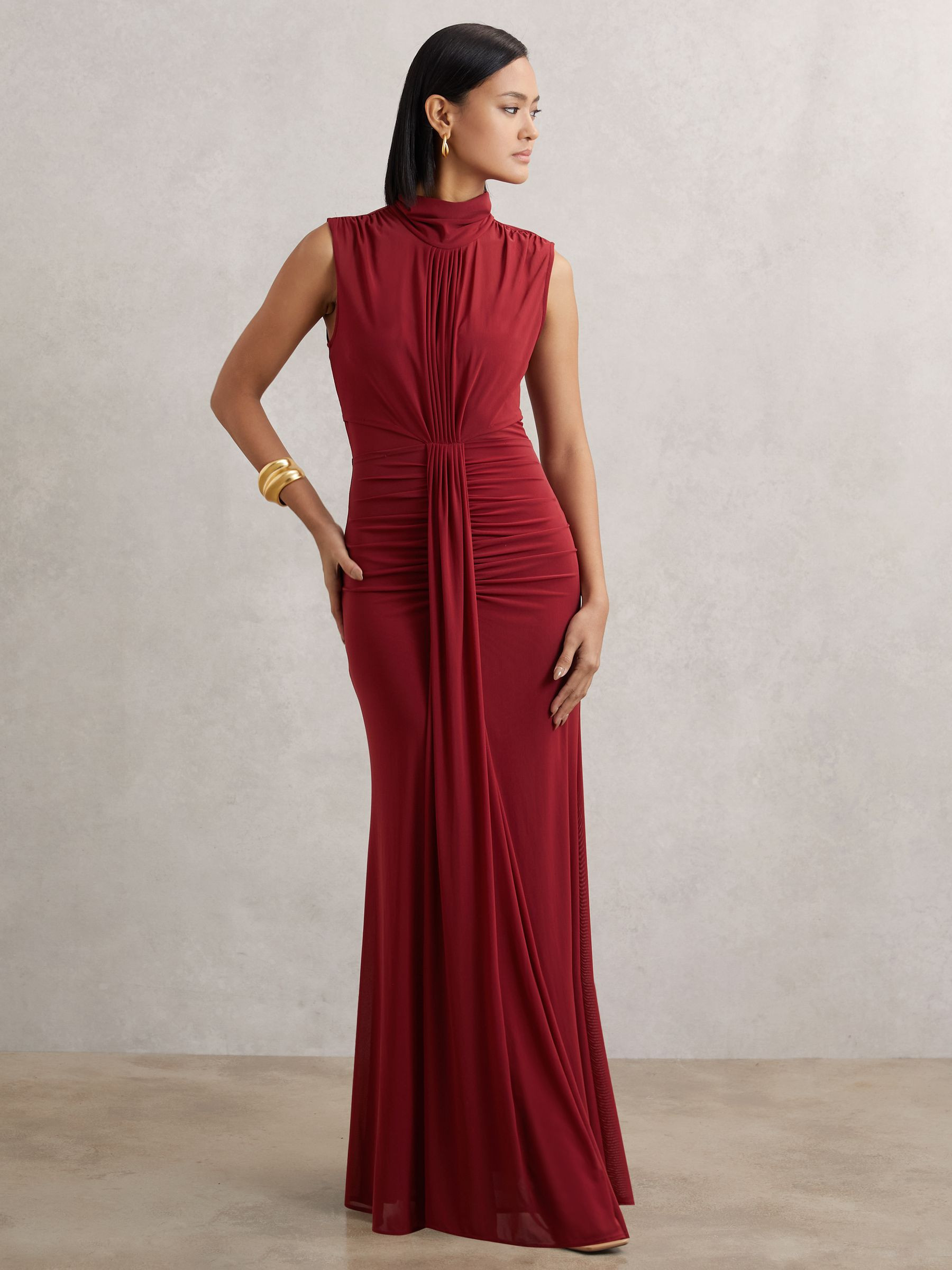 Reiss Ruched Sleeveless Maxi Dress in Dark Red | REISS | Reiss US