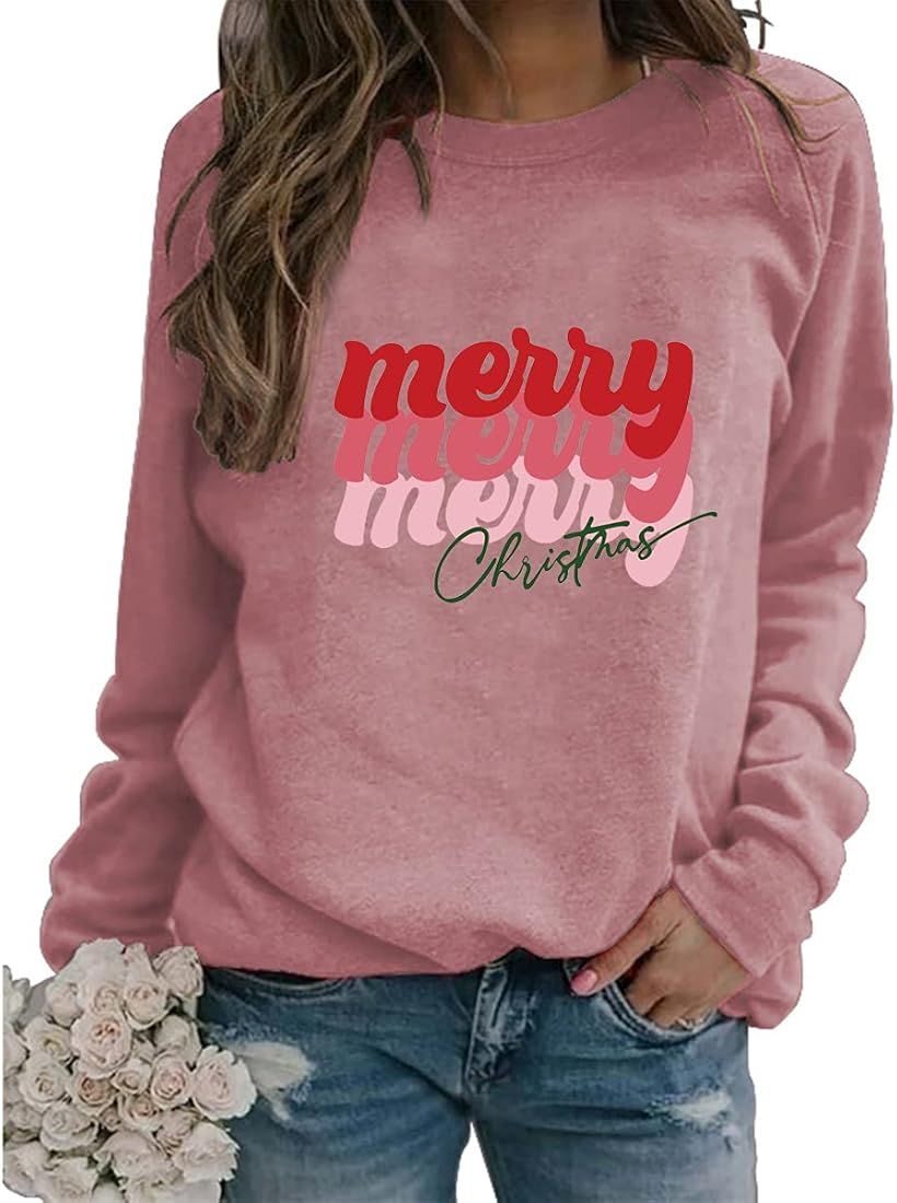 Womens Merry Christmas Sweatshirt Retro Letter Print Long Sleeve Crew Neck Xmas Pullover Tops | Amazon (US)