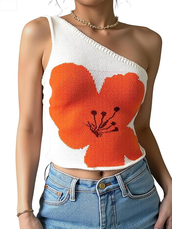 Floerns Women's Asymmetric Summer Flower Vest One Shoulder Sleeveless Knitted Crop Tops | Amazon (US)