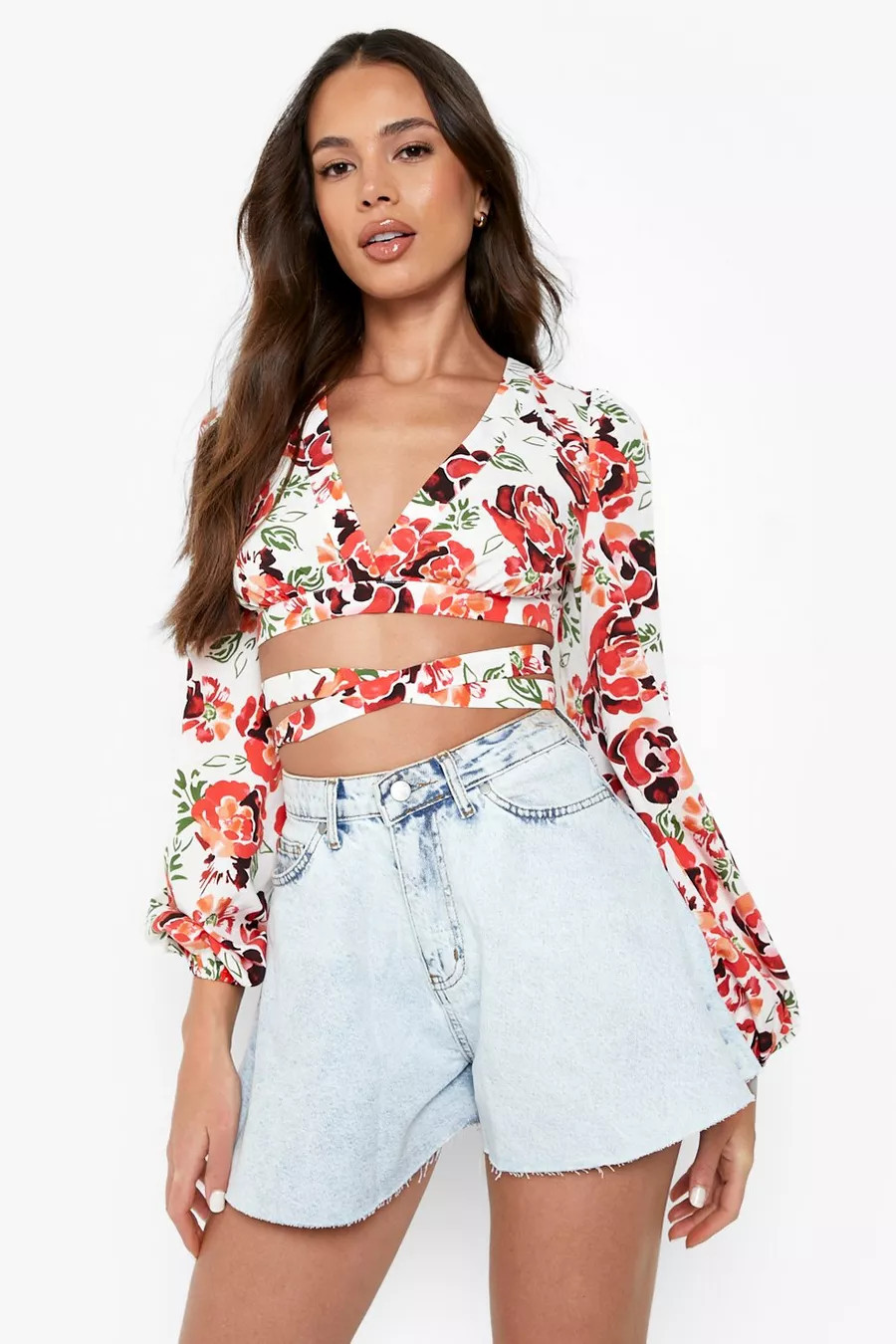 Floral Lace Up Detail Crop Top | Boohoo.com (US & CA)