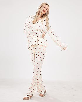Womens Pajama Sets Cotton Pj Set Cute Heart Print Long Sleeve Button Down Shirt With Long Pants | Amazon (US)