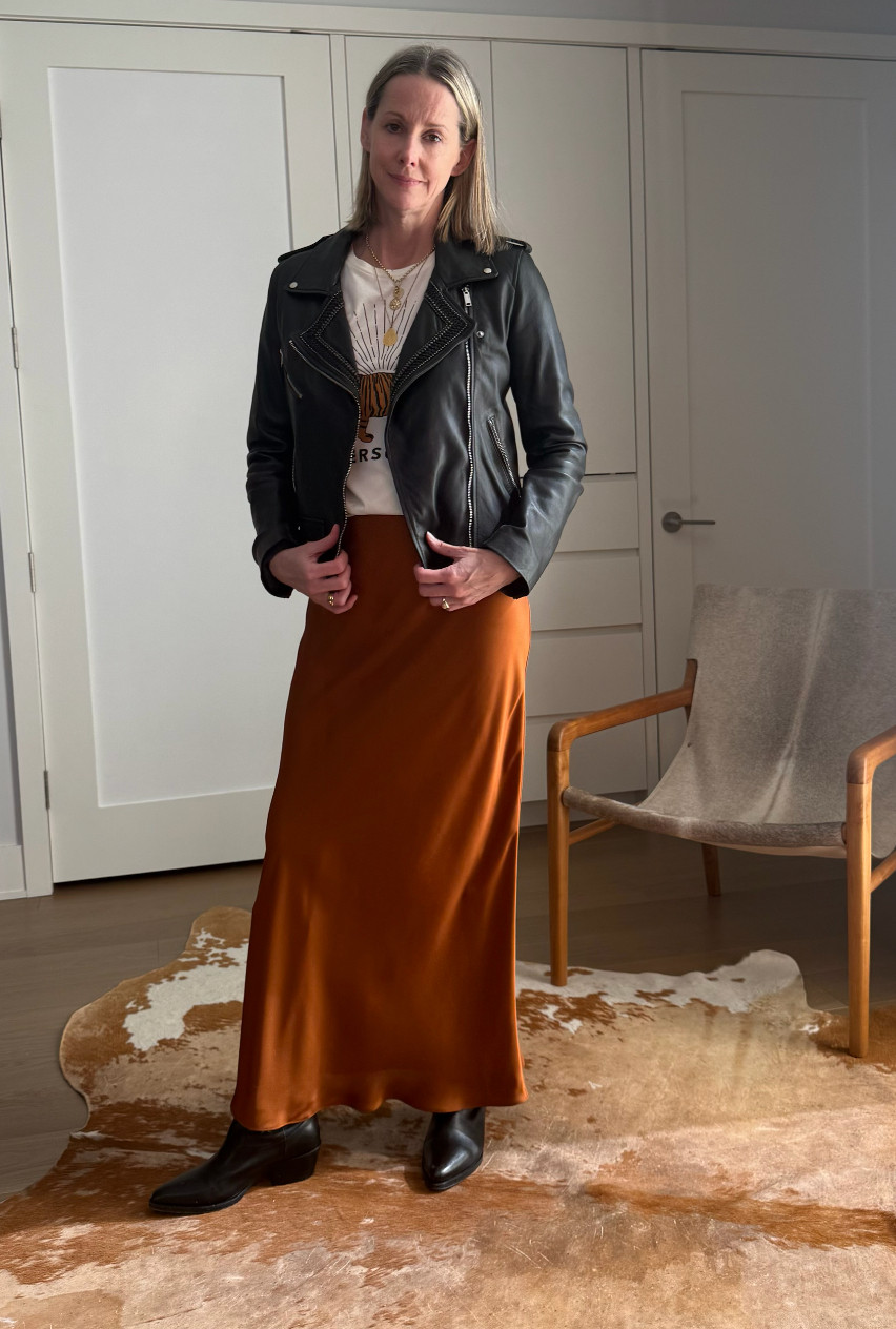 Some classics: a satin bias skirt + concert tee + a black moto jacket = spring perfection 🌺 😎 

 #LTKGiftGuide #LTKSeasonal #LTKOver40