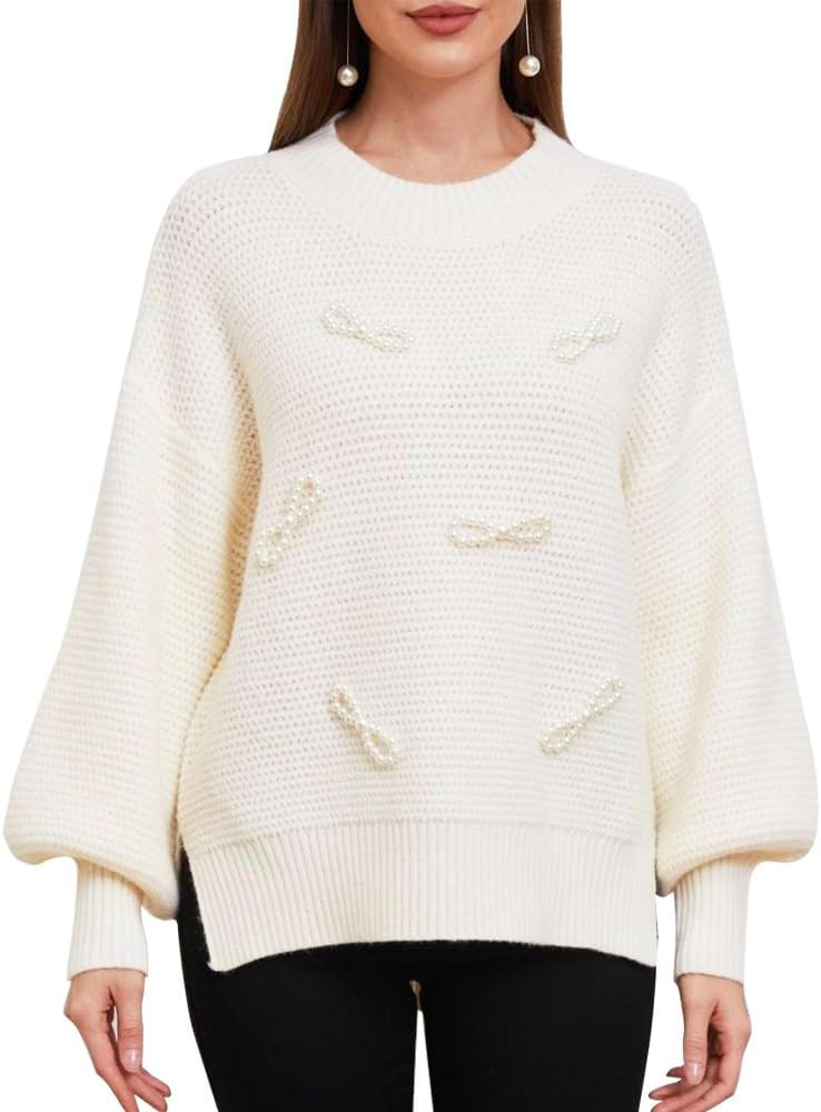 chunjiangz Original Design Oversized Fuzzy Knit Pearl Bow-Tie Long Sleeve Round Neck Side Slit Kn... | Amazon (US)