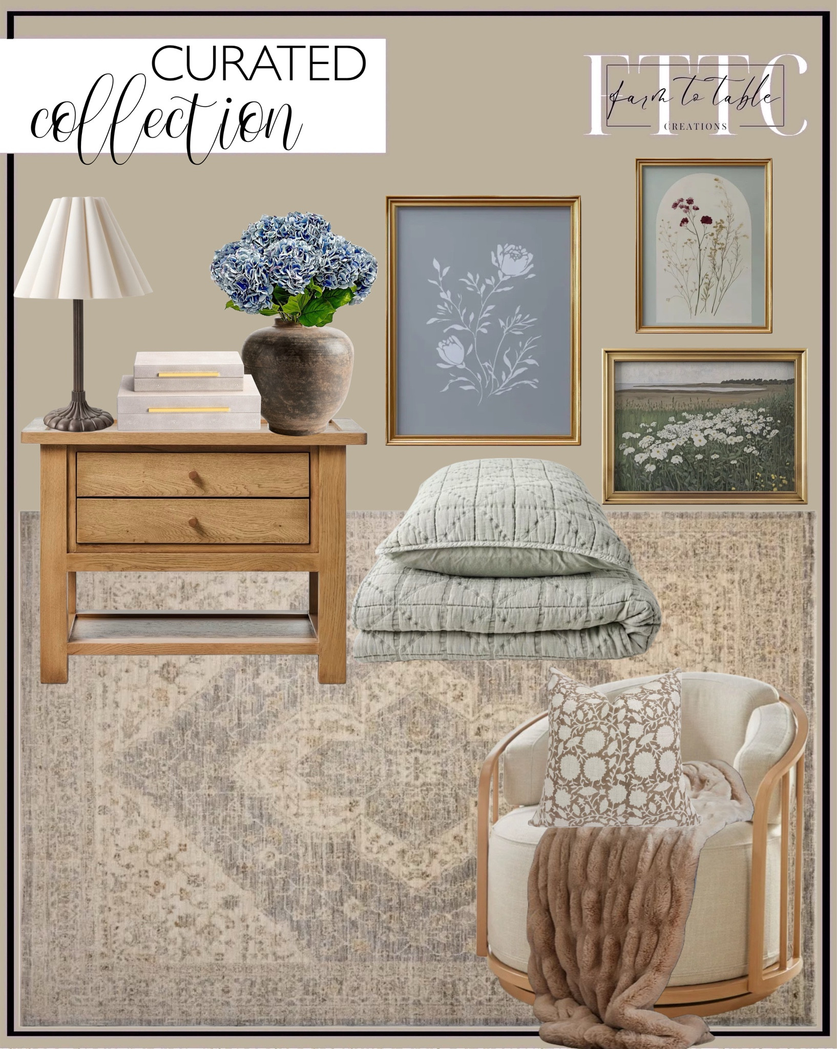 Curated Collection. Follow @farmtotablecreations on Instagram for more inspiration.

Stella Table Lamp Bronze Scallop Evans Nightstand. Sutton Stone Blue Coverlet. Junie Denim Natural Rug. Faux Hydrange Stems. Vintage Floral Art Print. Spring Meadow Wall Art. Better Homes & Gardens Lillian Swivel Birdcage chair. Ivory Shagreen Boxes. Turkish Cotton Fringe Throw. Pillow Combinations. Rustic Brown Vase. Faux Fur Ruched Throw. 

Living Room | Dining Room | Dining Room Artwork | Bathroom Finds | Bedroom Finds | Bedroom Furniture | nightstands | Home Decor| Fireplace Decor | Spring Refresh |  Bedroom Finds | Neutral Stems | Spring Stems | Bookshelf Decor | Bedroom Space | Cozy  Corner | Bathroom | Curated Entryway | Spring  Decor | End of Year Clearance | Trending Decor | Viral Decor  | Coffee Table Decor | Neutral Decor | Fall Stem Sale | Target Finds | Skinny Bench | Bedroom | Living Room | Breakfast Nook | Amazon Home | Target Sale | Loloi Rugs | Magnolia Home | console table | console table styling | faux stems | entryway space | front porch decor | neutral decor | entryway decor | cozy home | affordable decor |  home decor | home inspiration | console styling | entryway rug | cozy moody home | moody home decor | neutral home | bathroom decor | living room | spring decor | Hearth & Hand | Studio McGee | 2025 Home Trends | trending home | Crate&Barrel 




#LTKHome #LTKSaleAlert #LTKFindsUnder50