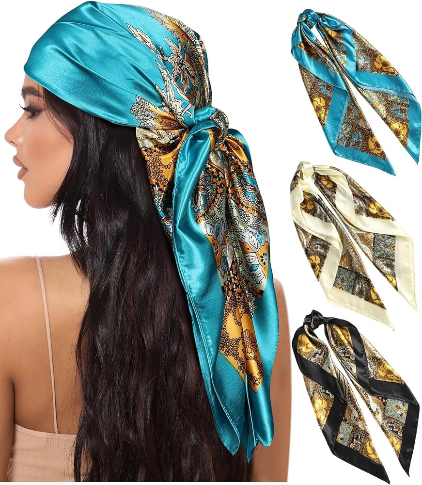 AWAYTR 35\u201d Large Square Satin Head Scarf - 3Pcs Satin Hair Scarves Silk Bandana Scarf Headsc... | Amazon (US)