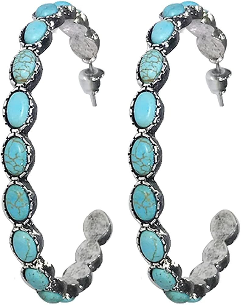 Turquoise Bohemian Metal Hoop Fashion Earring, Silver-Tone Faux Turquoise Hoop Earrings | Amazon (US)