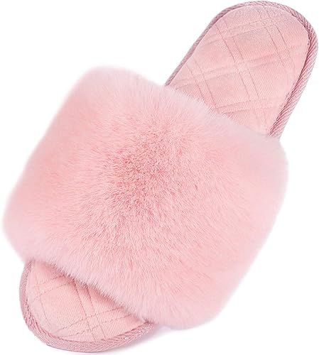 LongBay Women's Fuzzy Faux Fur Memroy Foam Flat Spa Slide Slippers Open Toe House Shoes Sandals | Amazon (US)