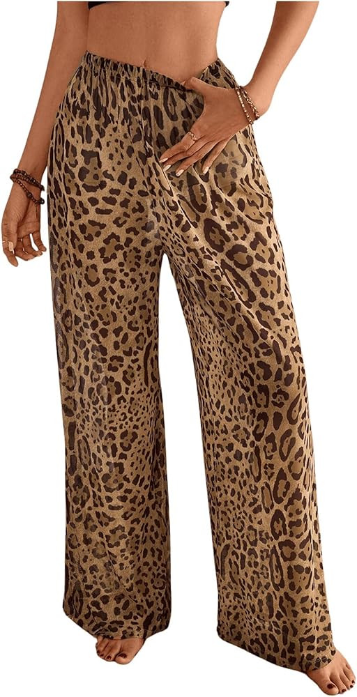 MakeMeChic Women's Leopard Print Pants Elastic Waist Wide Leg Straight Loose Long Trousers | Amazon (US)