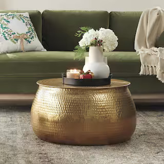 Calluna 30 in. Gold Round Metal Coffee Table with Lift Top Storage | The Home Depot