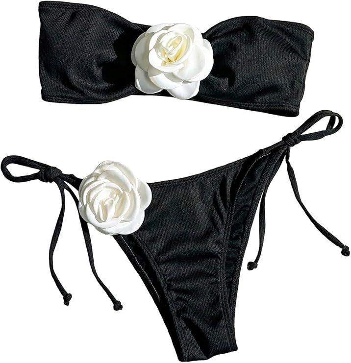 Verdusa Women's Floral Applique Bandeau Bikini Sets Two Piece Swimsuit Bathing Suits | Amazon (US)