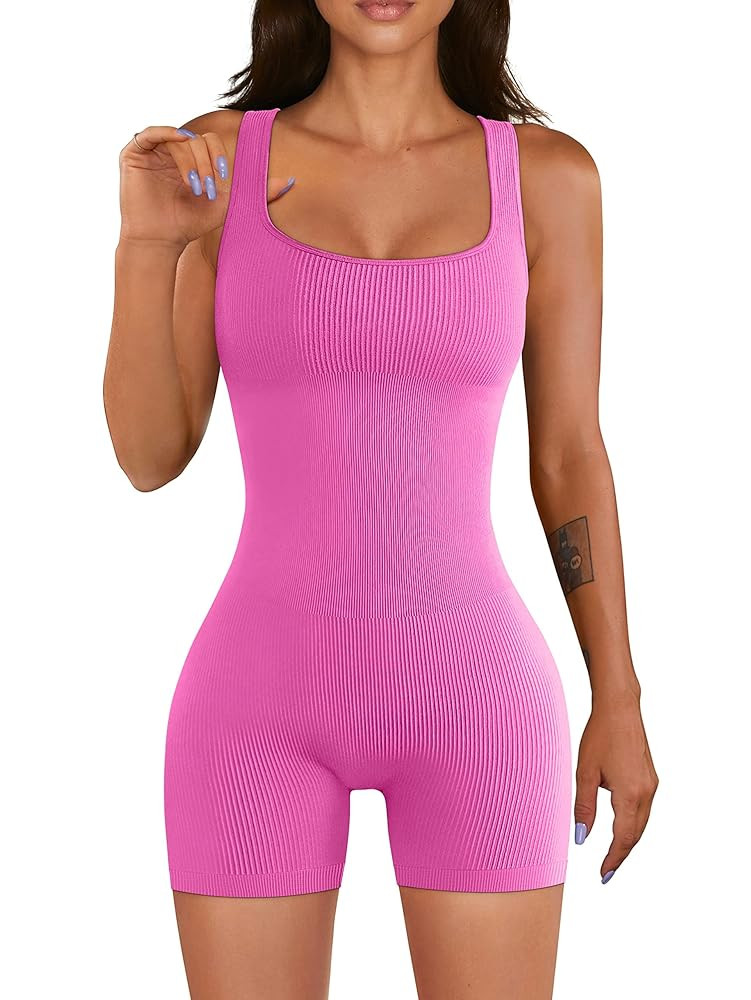 Women Workout Romper Yoga Ribbed Square Neck One Piece Seamless Tank Top Jumpsuit | Amazon (US)