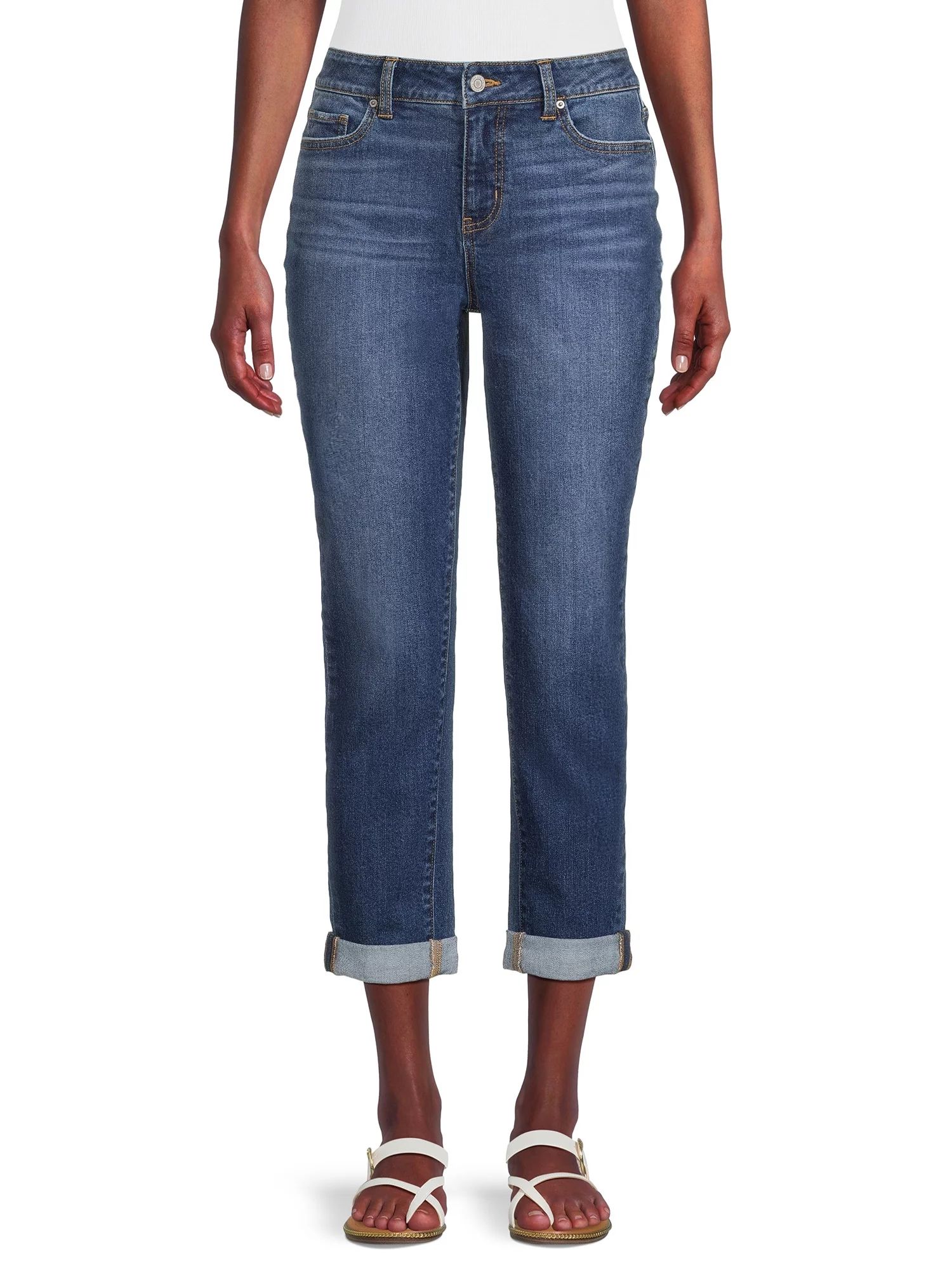 Time and Tru Women's High Rise Boyfriend Cuffed Crop Jeans, 26" Inseam , Sizes 2-20 | Walmart (US)