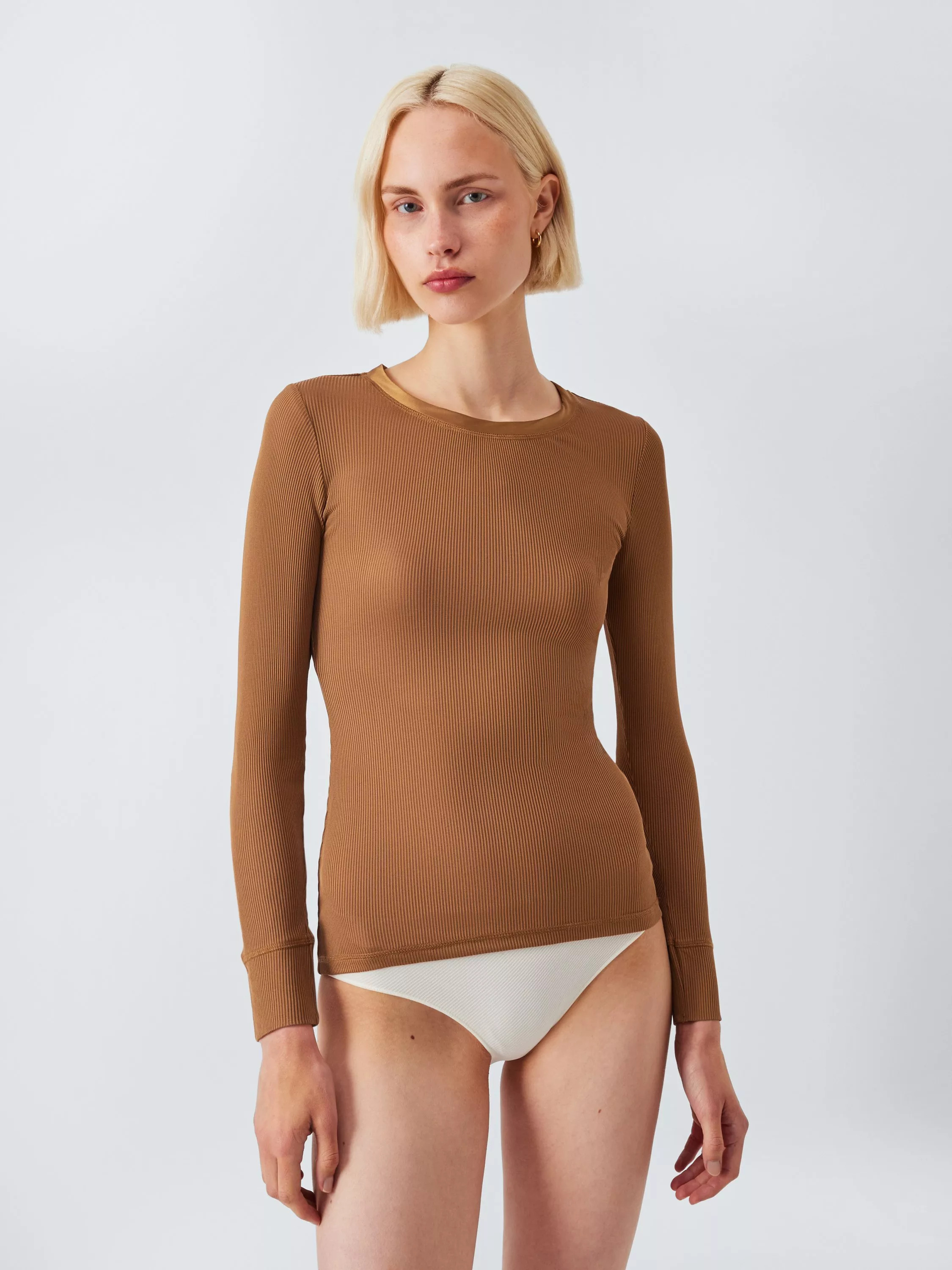 John Lewis Ribbed Silk Thermal Long Sleeve Top, Biscuit | John Lewis (UK)