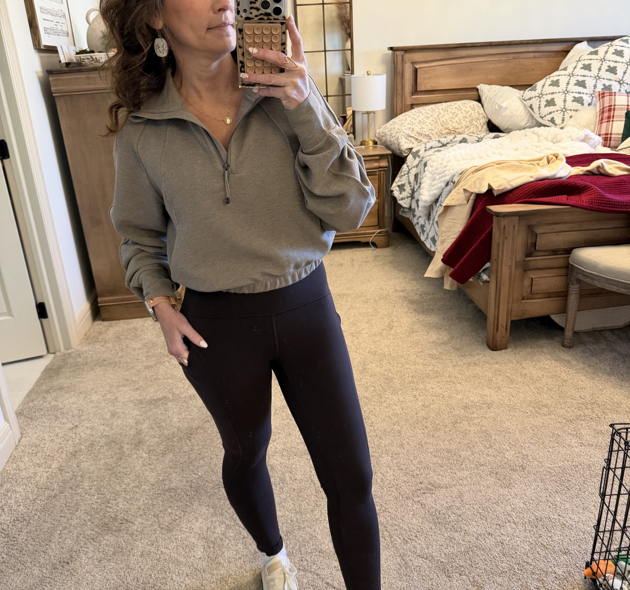 Lululemon waffle quarter zip cropped jacket with leggings that have pockets. 

Paired with yellow box tennis and jacket from Amazon 

#LTKActive #LTKPetite #LTKmomlife