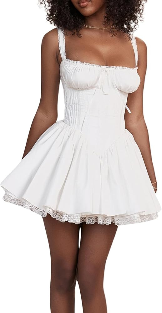 Women's Square Neck Bustier A-line Dresses Sleeveless Tank Top Lace Trim Stretch Flare Mini Dress... | Amazon (US)