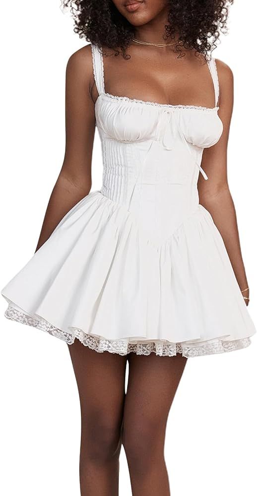Women's Square Neck Bustier A-line Dresses Sleeveless Tank Top Lace Trim Stretch Flare Mini Dress... | Amazon (US)