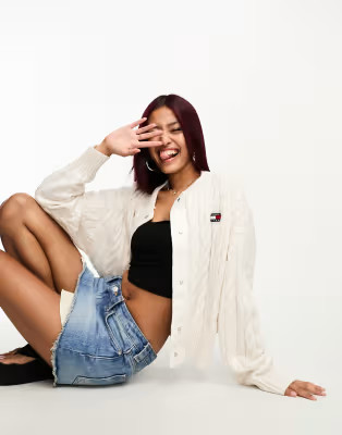 Tommy Jeans badge logo cable knit cardigan in white | ASOS (Global)