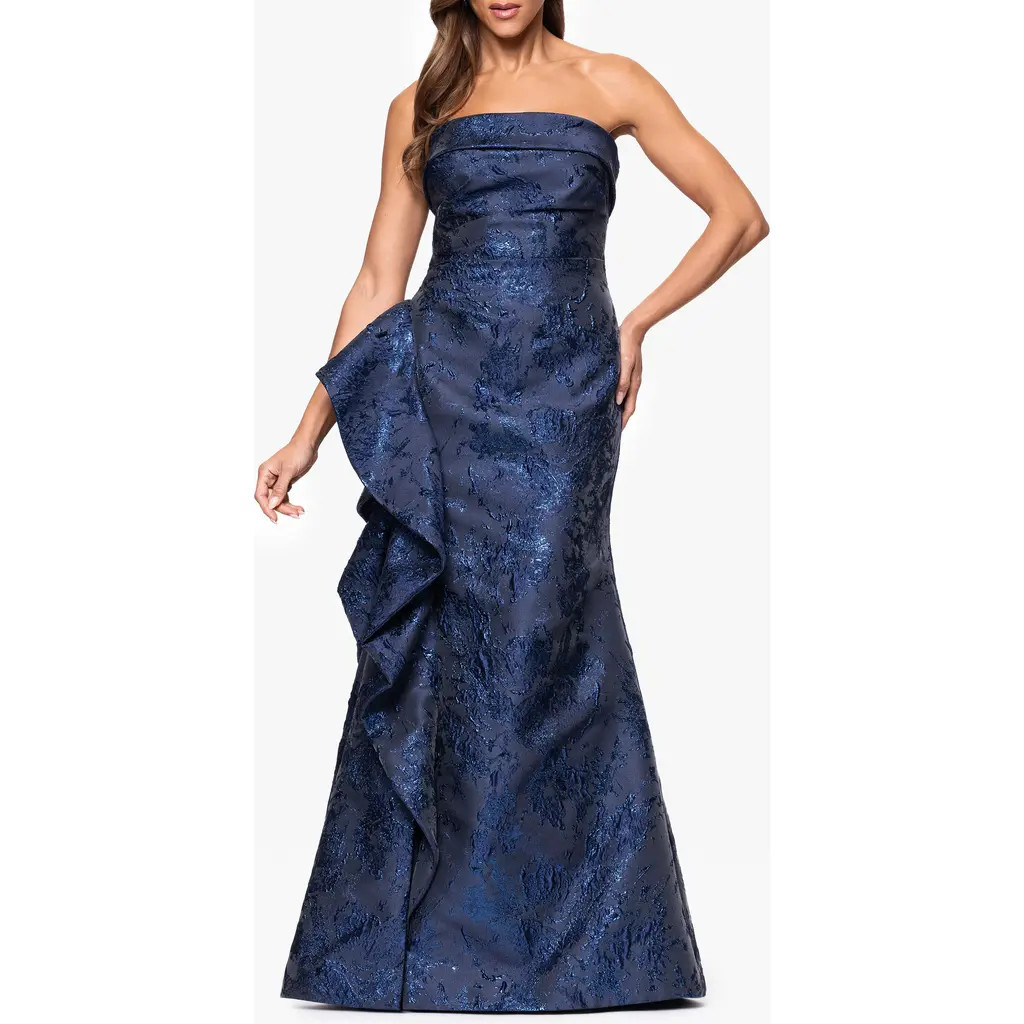 Xscape Evenings Strapless Ruffle Brocade Gown in Navy at Nordstrom, Size 12 | Nordstrom