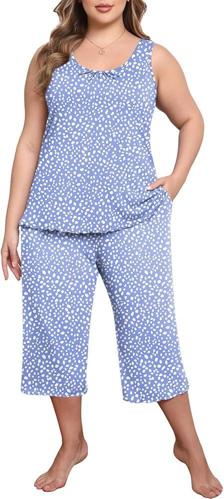 Lastshe Women's Plus Size Pajama Set 2 Piece Sleepwear Soft Cozy Sleeveless Knit Tank Top Capri P... | Amazon (US)